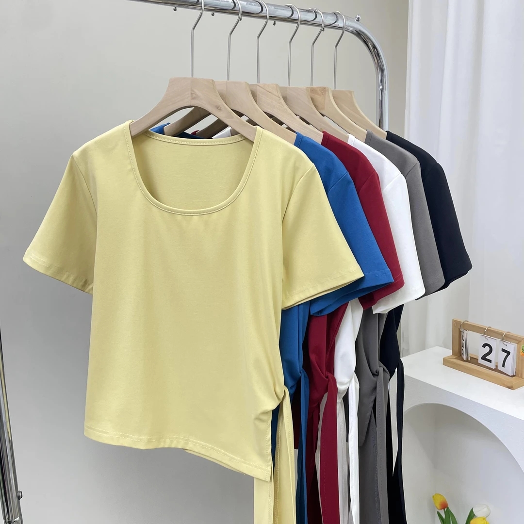 大码气质名媛风不规则正肩绑带收腰设计夏季百搭短袖t恤女上衣ins