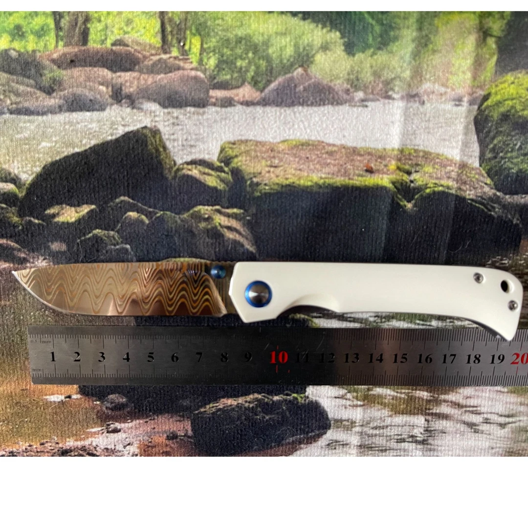 三色铜大马士革牛骨手柄折叠收藏把玩刀