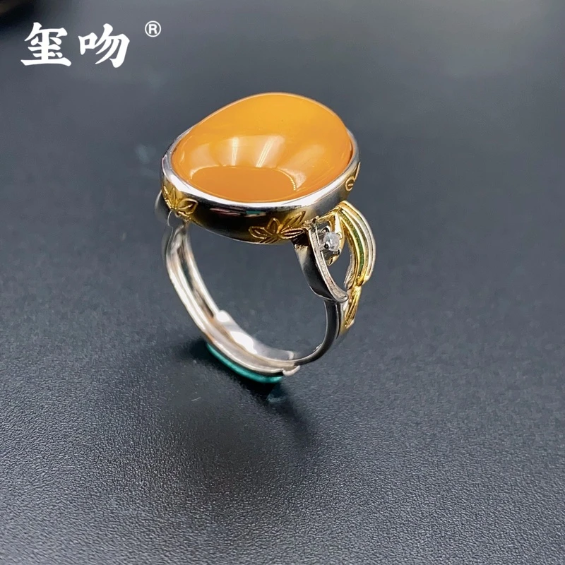 玺吻【暖暖专属】s925银 蛋面纯手工镶嵌老蜜蜡复古气质开口戒指