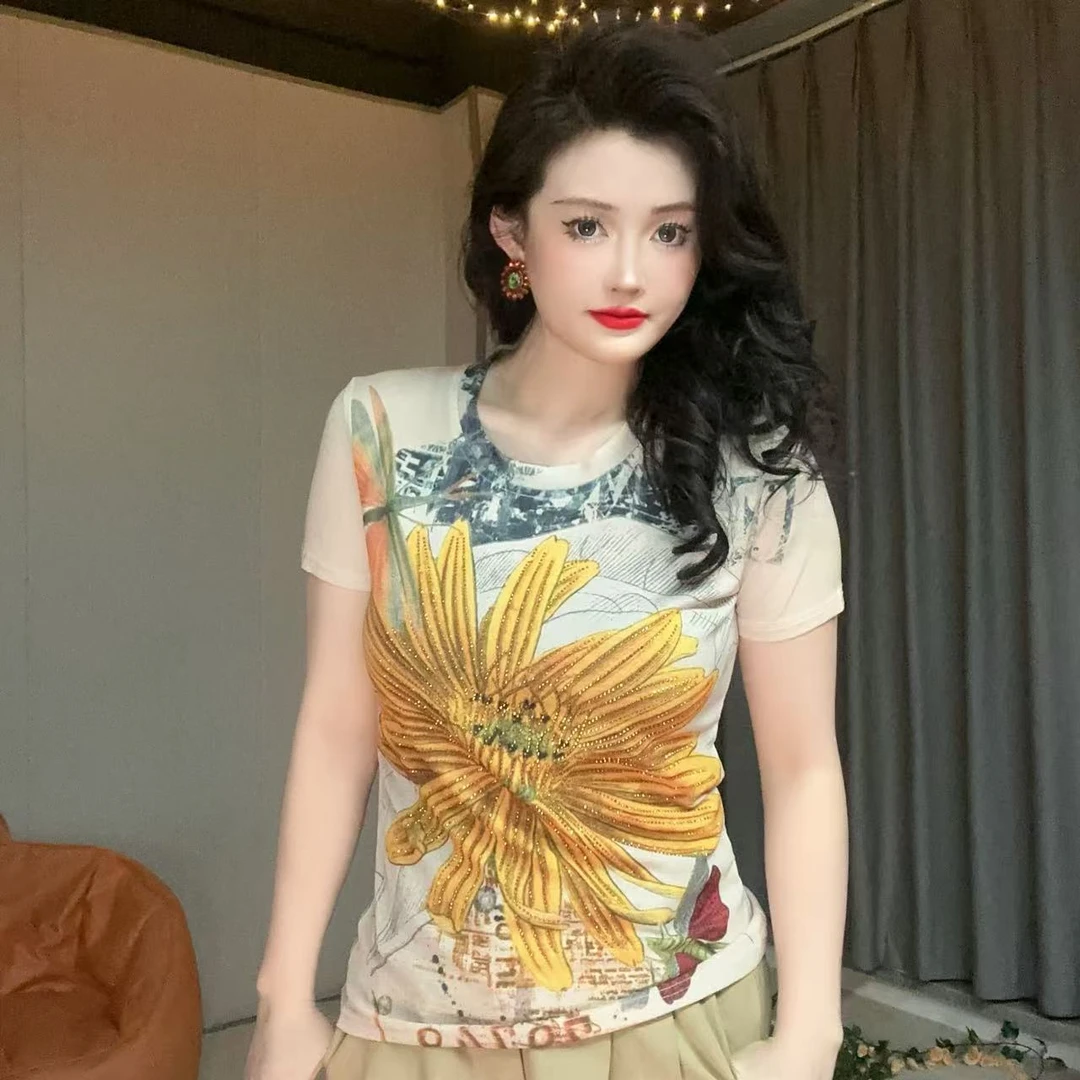 【夏季新款】欧货 民族风彩绘印花黄色菊花 修身圆领女短袖T恤潮