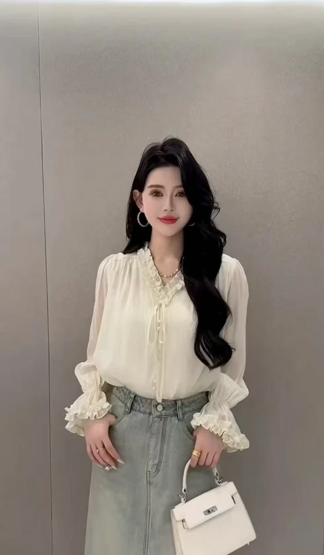 张金家百搭气质减龄女人味雪纺荷叶边秋款衬衫