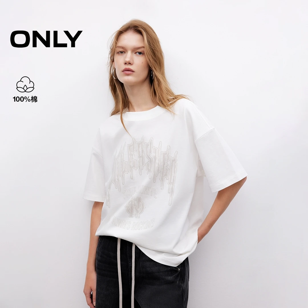 ONLY2025夏季新款酷感字母印花落肩圆领短袖T恤女|125201066