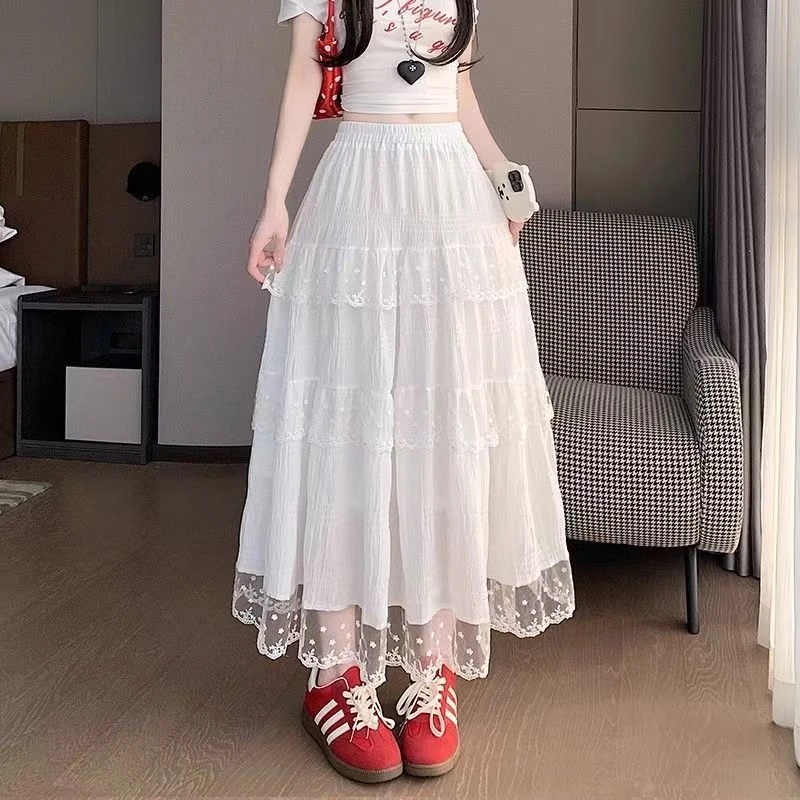 法式松紧腰花边甜美蕾丝半身裙新款2025拼接高腰显瘦白色蛋糕长裙