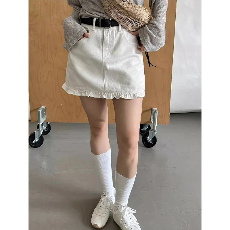 复古风高腰牛仔半身裙女小个子显瘦字裙韩版潮包臀短裙白色配