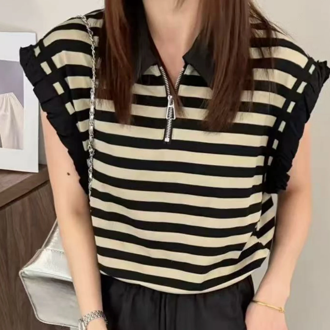 飞飞袖条纹短袖慵懒休闲T恤休闲宽松背心短款