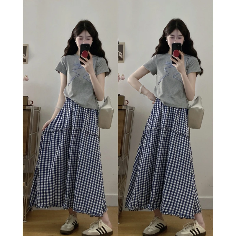 大码【高智少女】蝴蝶结减龄百搭短袖复古格纹半身裙显瘦减龄套装