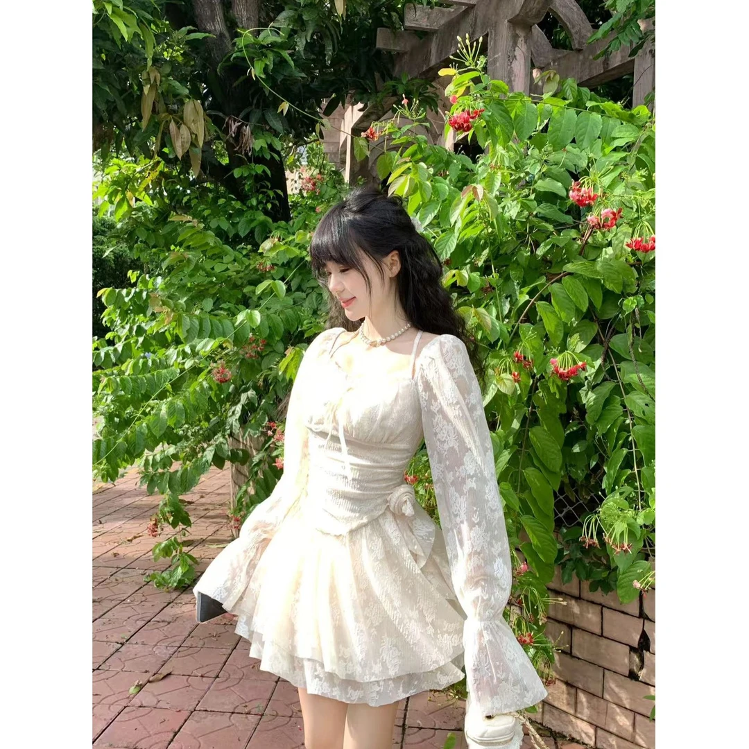 【QIANJIN】‘蕾丝庄园’秋季甜美显瘦纯色收腰针织修身连衣裙QL86302