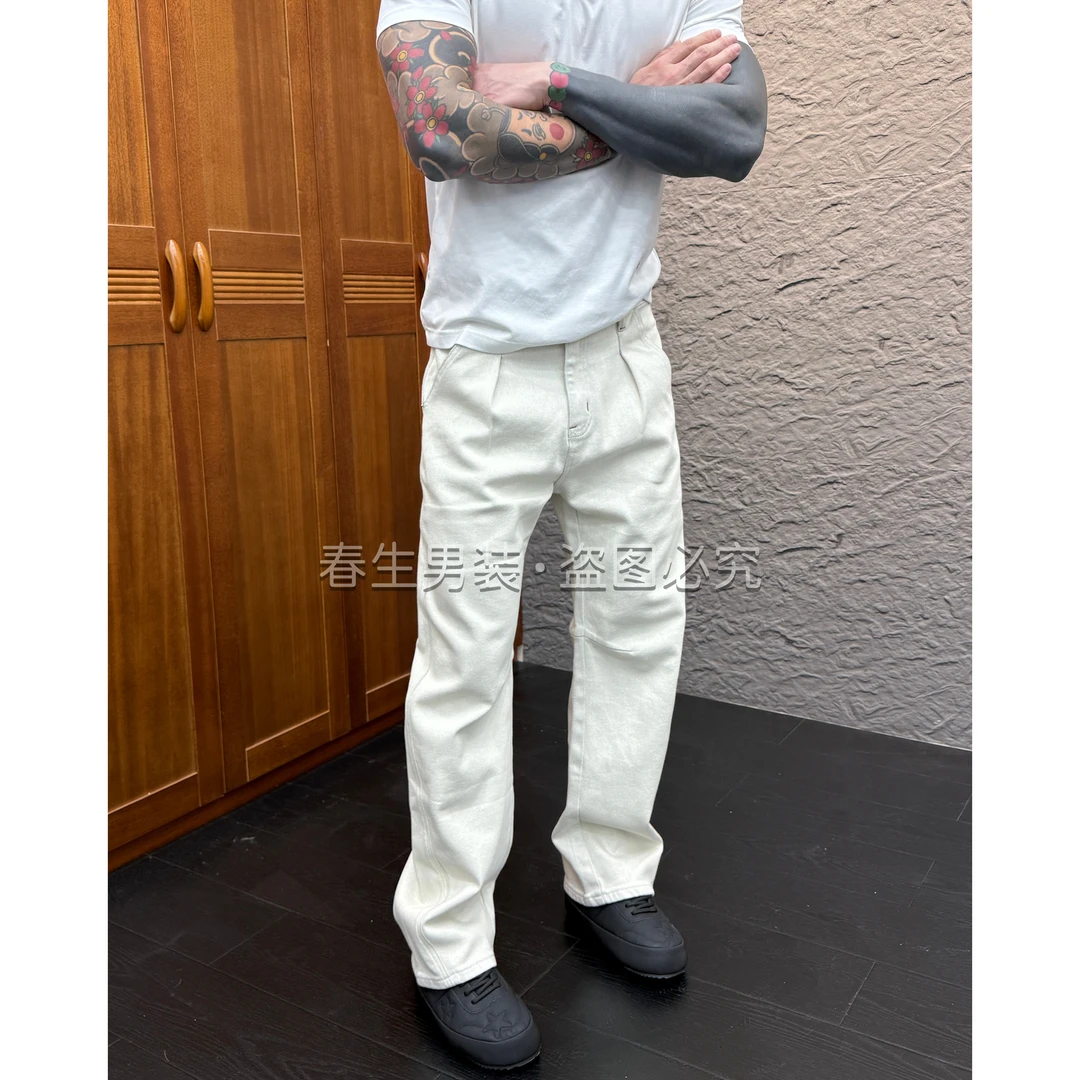 2025秋冬新款休闲净版加厚米白色直筒弯刀男士加绒牛仔裤55886