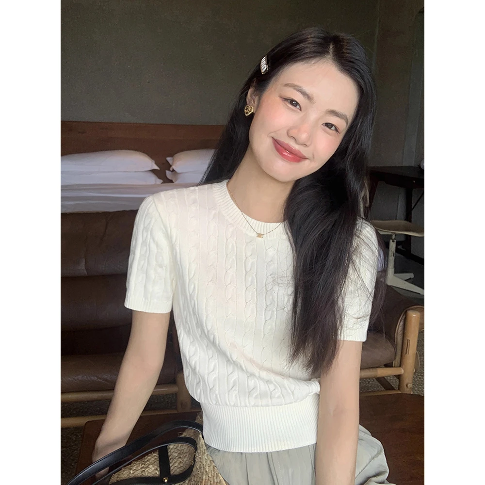 复古老钱正肩短袖针织衫女装夏季薄款百搭t恤圆领收腰短款上衣