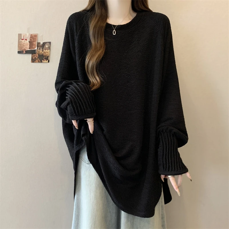 大码宽松遮肚子慵懒风春秋冬上衣显瘦设计感胖mm中长款针织打底衫