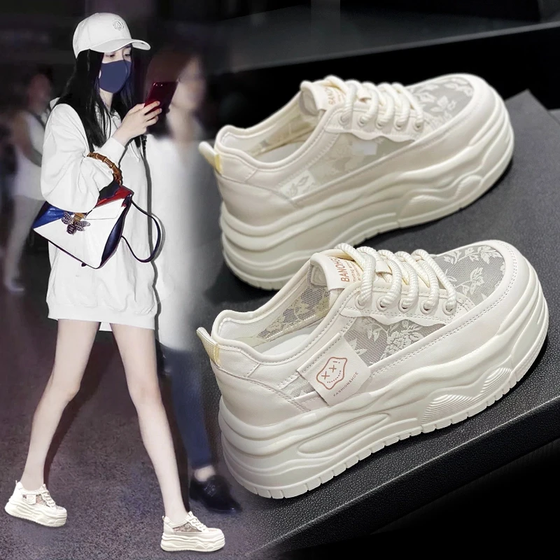 万达撤柜头层牛皮内增高8cm小白鞋松糕老爹鞋2025.秋网面女休闲鞋