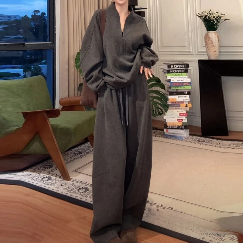 宽松显瘦长袖半拉链卫衣2025初秋款女装秋装松弛感垂感阔腿裤套装