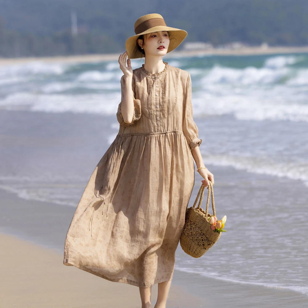 2025春夏新款原创女装七分荷叶袖花边烧花苎麻连衣裙复古长裙裙子