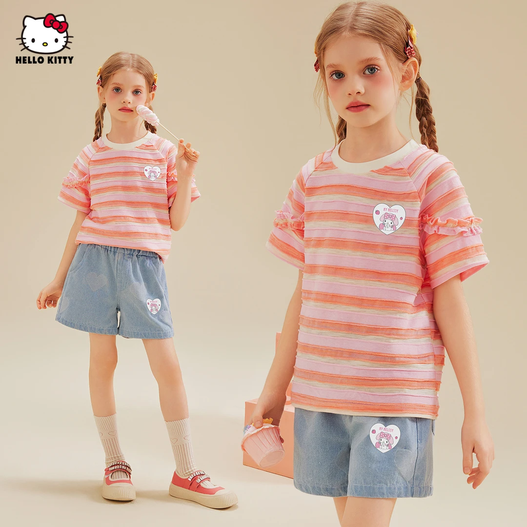 Hello Kitty女童夏季2025新款元气撞色条纹T恤凯蒂猫卡通洋气套装