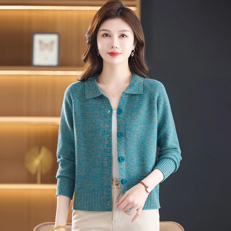新款春秋翻领女装长袖开衫彩纱洋气宽松针织衫上衣外套百搭