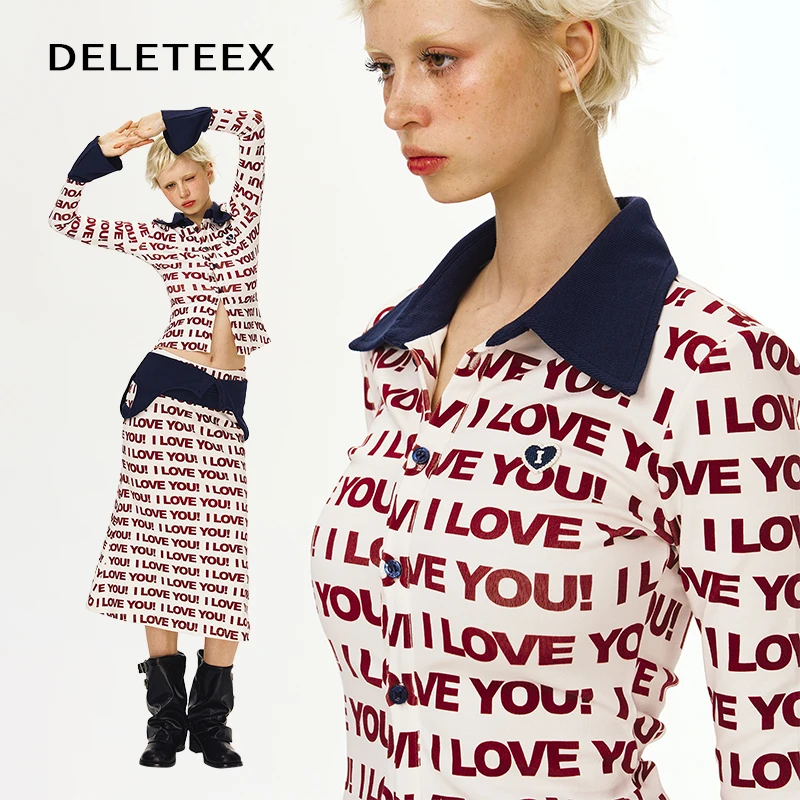 DeleteEX原创love order情人节系列印花修身掐腰高弹针织衬衣