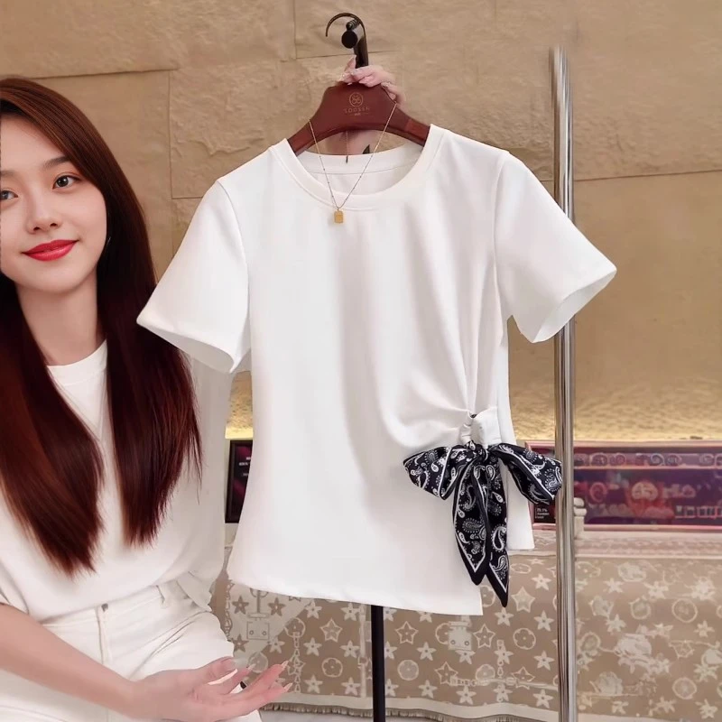 不规则蝴蝶结绑带短袖T恤女夏季薄款胖MM大码女装宽松设计感上衣