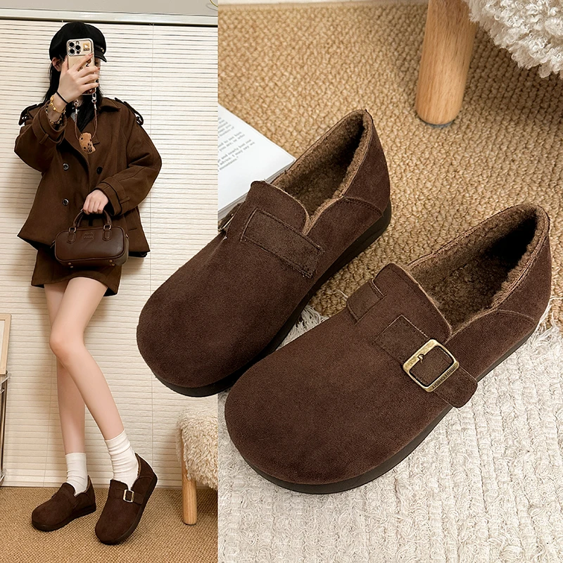 网红厚底加绒勃肯鞋女全包2025秋冬款一脚蹬棉鞋保暖乐福鞋豆豆鞋