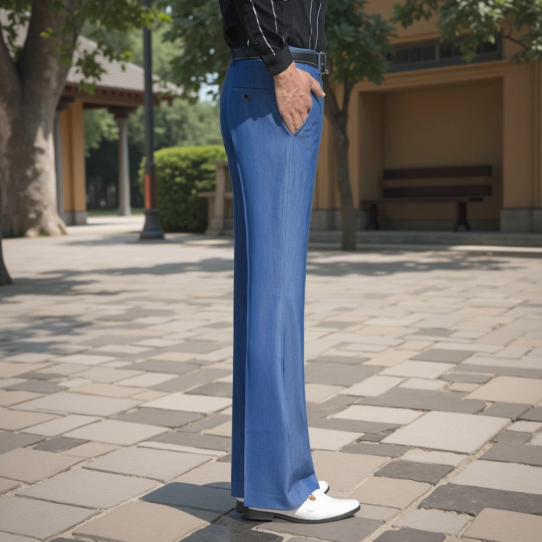 男士秋款裤子蓝色薄款垂感喇叭裤宽松男士抗皱西裤时尚弹力阔腿裤
