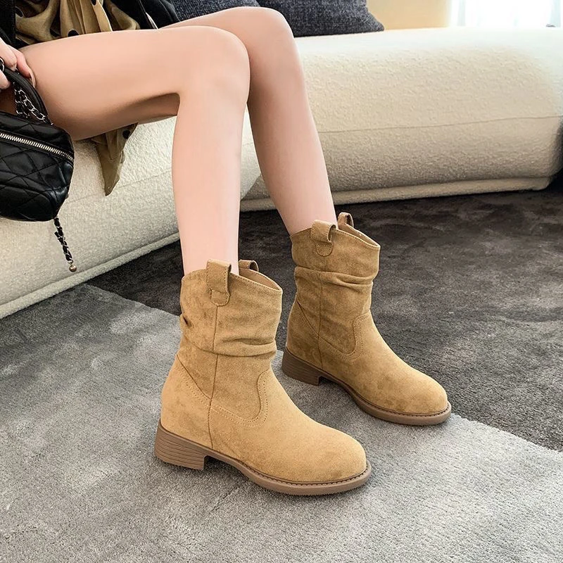 2025新款美拉德马丁靴女秋冬季中筒显瘦增高堆堆靴女粗跟短靴子潮