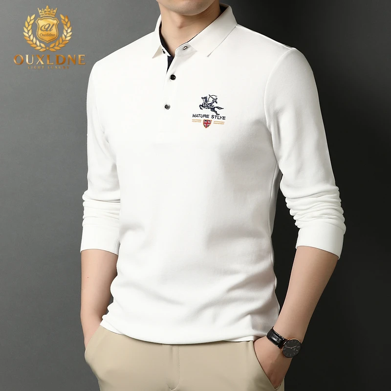 OUXLDNE男士纯棉长袖t恤秋冬新款刺绣潮流打底衫体桖翻领高档上衣
