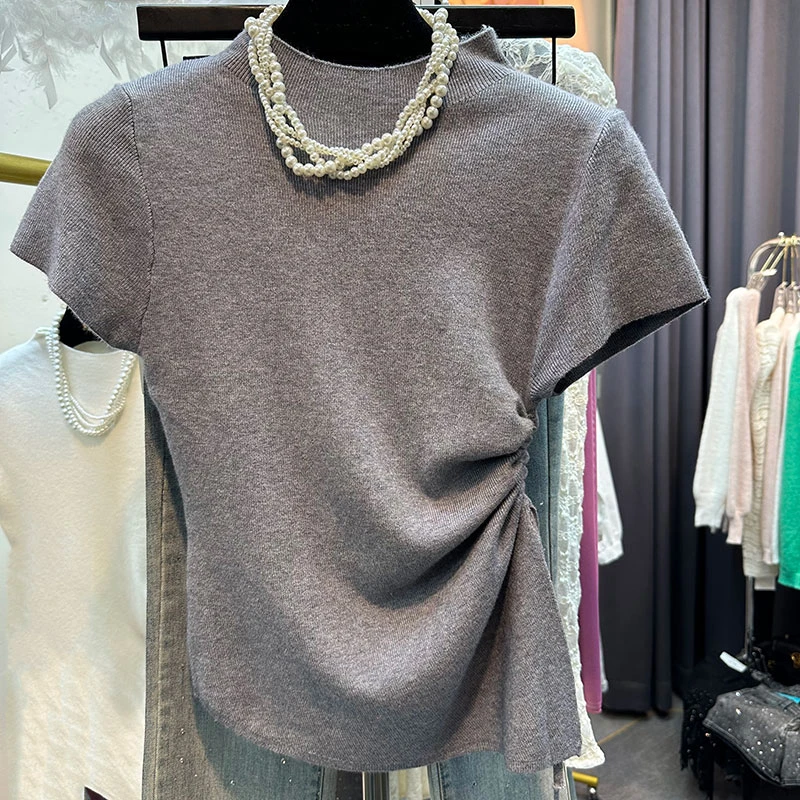 现线下69 ，纯色侧边抽绳设计感毛针织衫短袖上衣231前后两穿