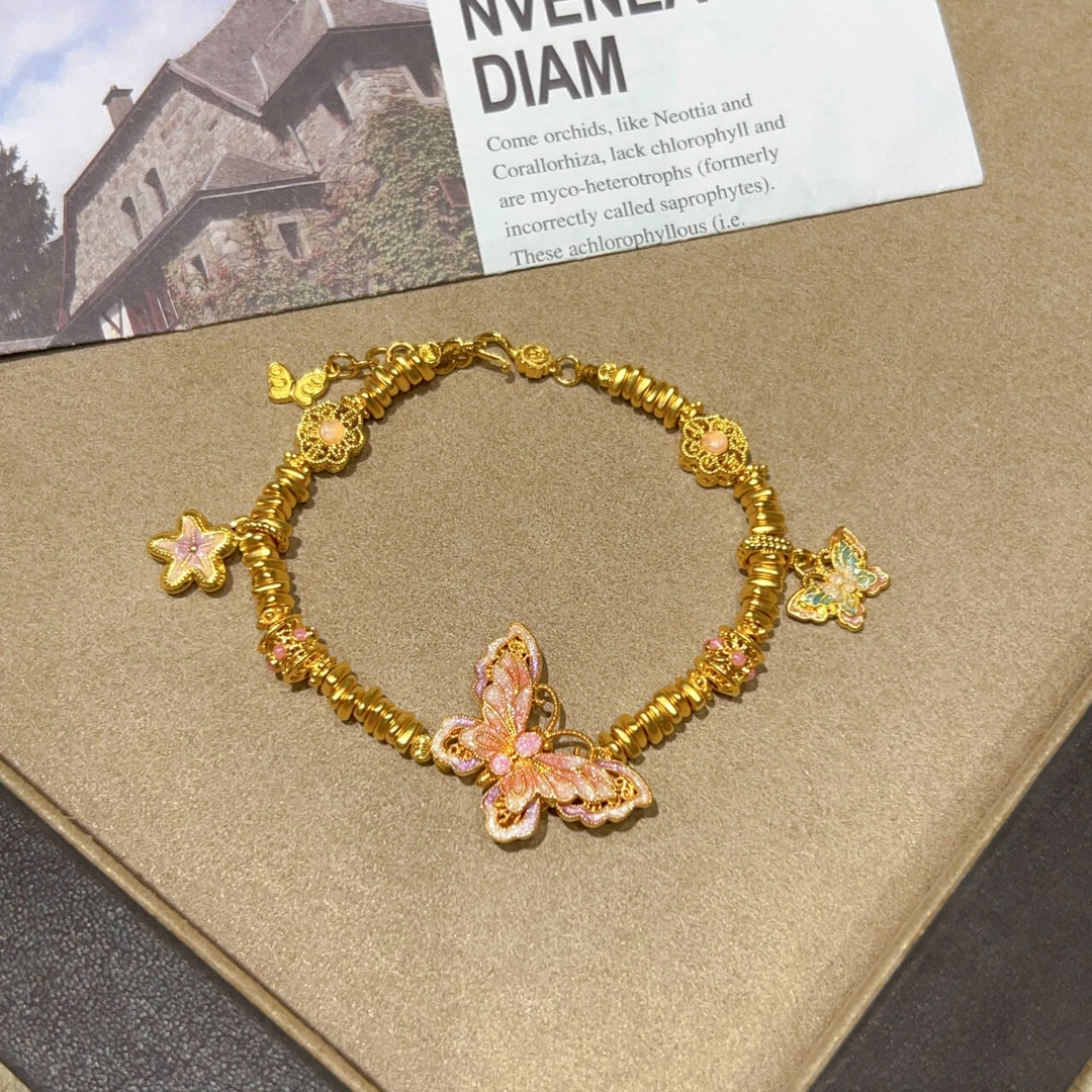 瑞诺黄金烧蓝蝴蝶手链足金999新款碎金盘缠手串生日礼物送女友520