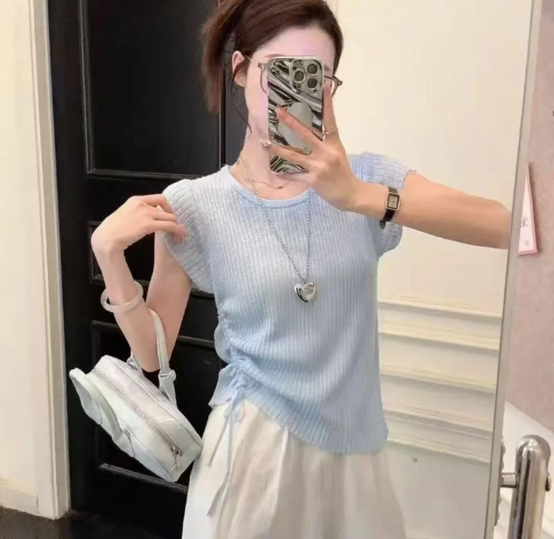 2025短袖飞飞袖长袖夏季透气毛针织衫修身撞色圆领设计感气质时尚