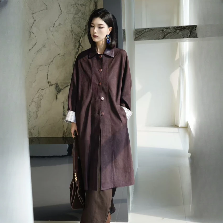 POPULARYW【绒栗】Z·R上品屋 韩系宽松中长款气质真皮皮衣风衣外套