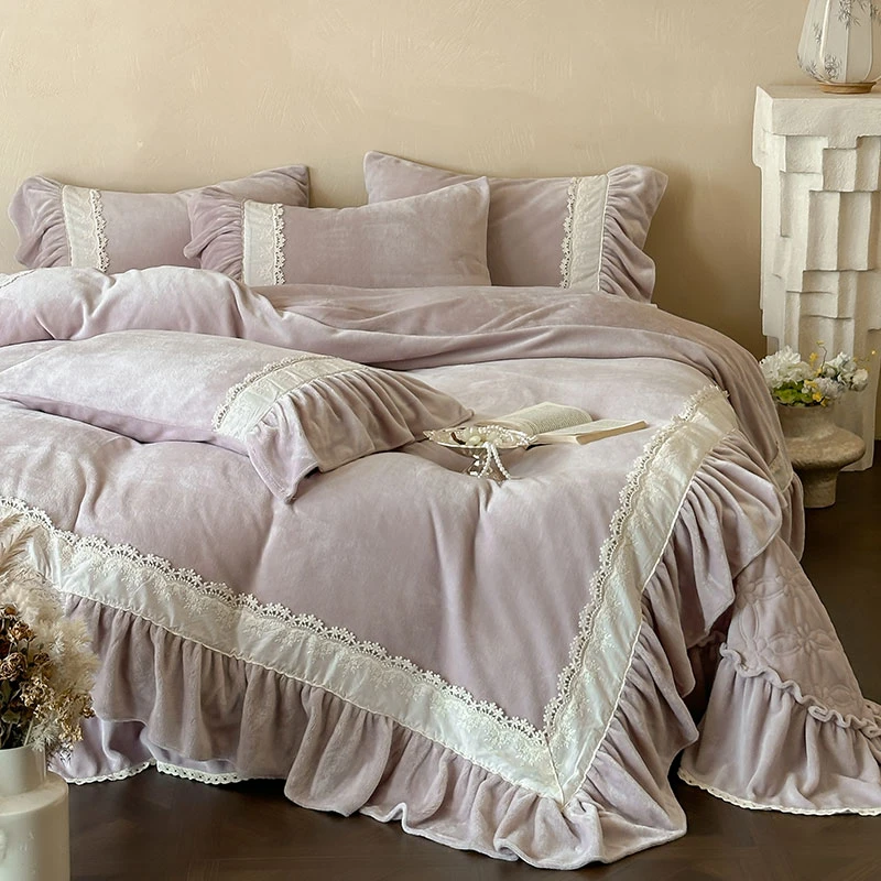 法式复古镂空花边牛奶绒床盖床裙款四件套双面绒被套高端冬季加厚