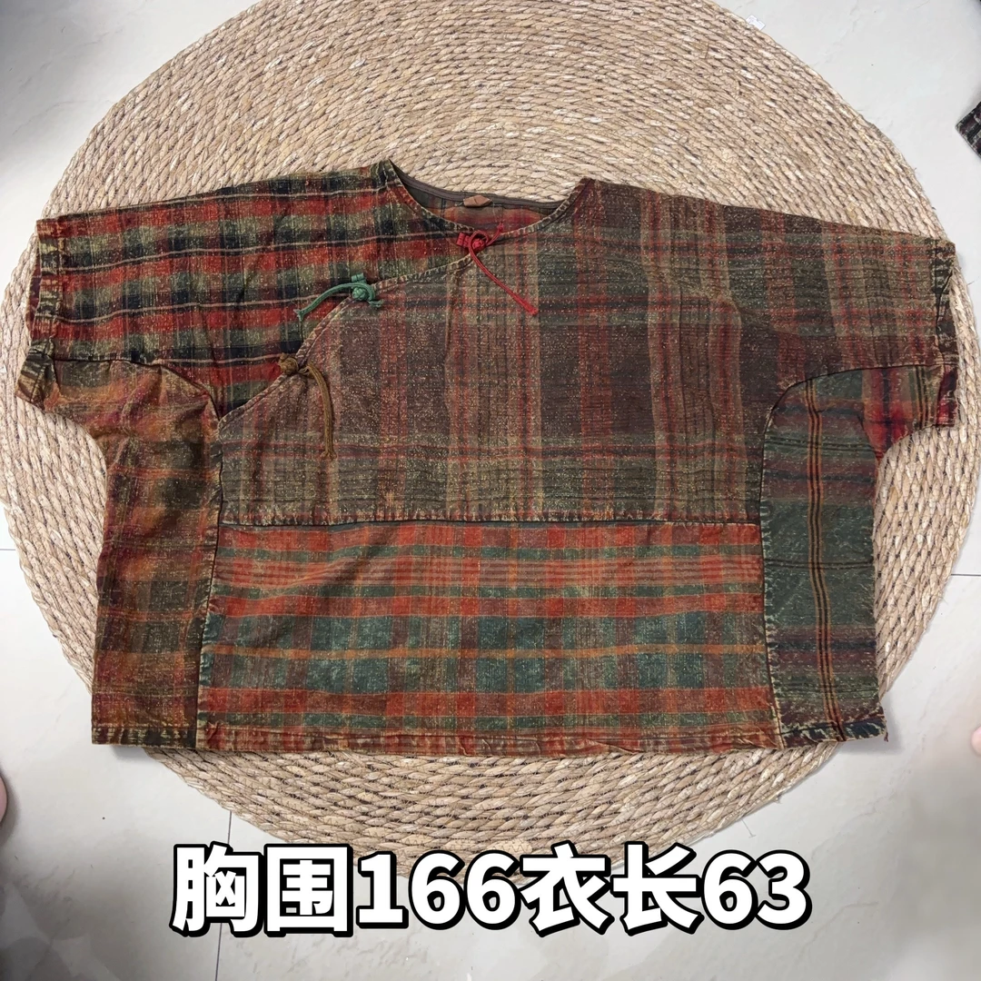 73复古做旧炒色做旧老布拼接撞色休闲盘扣短袖上衣