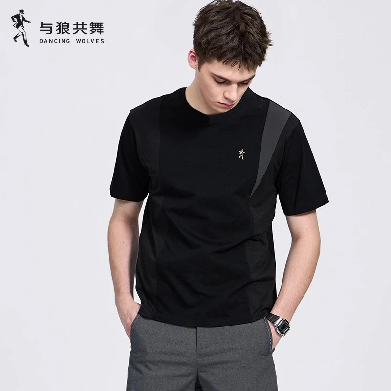 【冰爽索罗娜】与狼共舞圆领短袖T恤男2025夏季新款抗菌拼接上衣