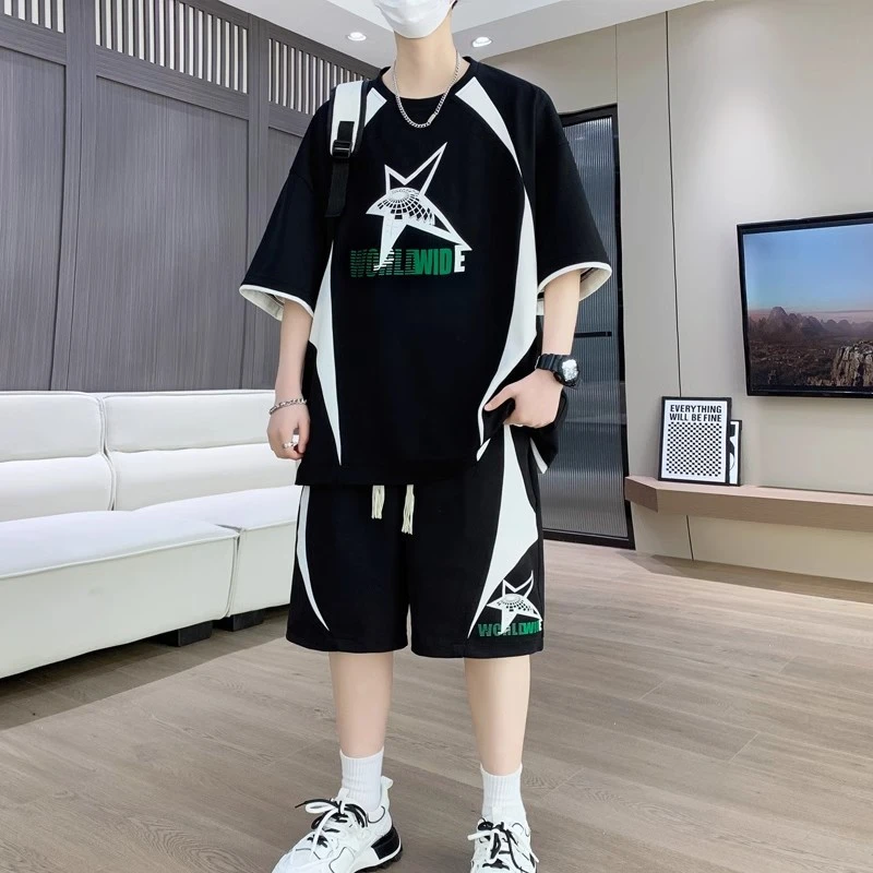 淘宝爆款青少年卫衣男孩初中学生短袖恤大童休闲运动套装高级感