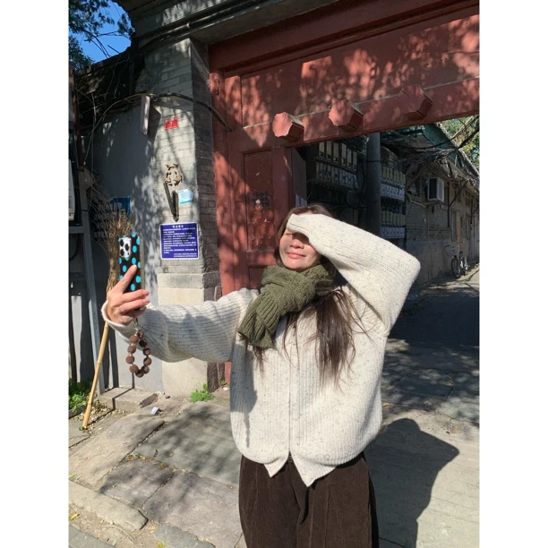 ONNI慵懒风翻领针织开衫新款宽松显瘦洋气减龄毛衣外套上衣#5876