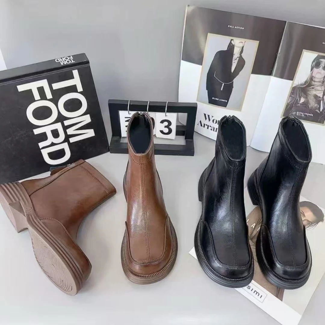 新英伦风切尔西靴新款百搭短靴真皮女士复古厚底加绒平底圆头444