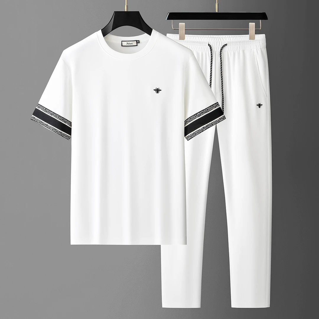 顿奇摩费涅夏季高端时尚云感冰丝莫代尔撞色织带男士休闲运动套装