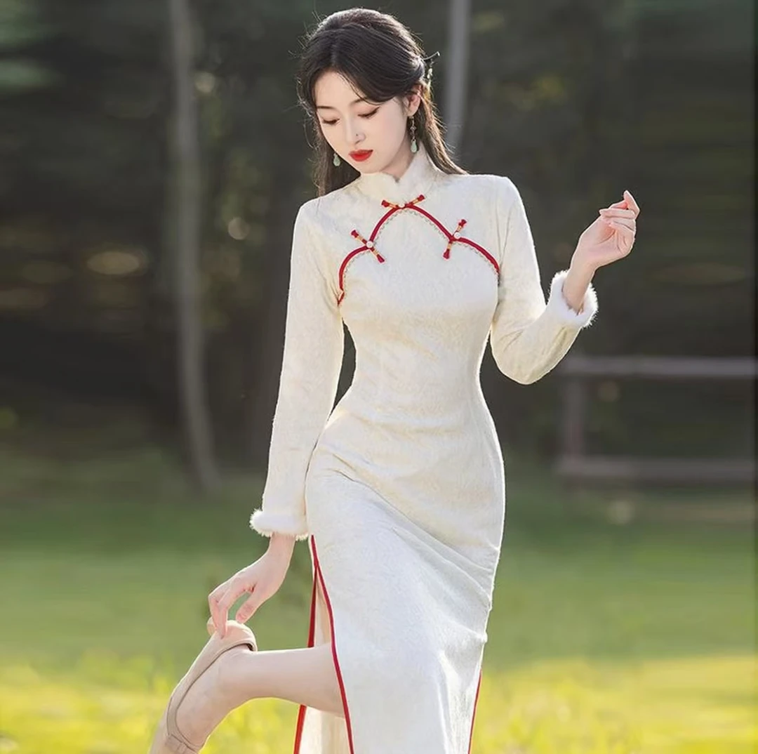 Q222 旗袍网红女士提花秋冬旗袍包袖日常立领常规