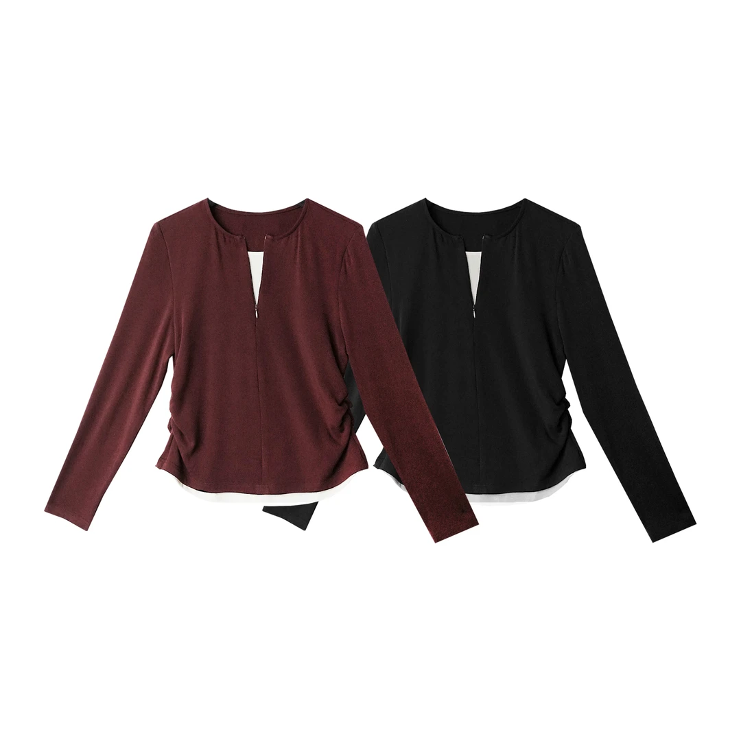 JFY006-9757 秋季设计感假两件针织上衣圆领长袖亲肤打底衫