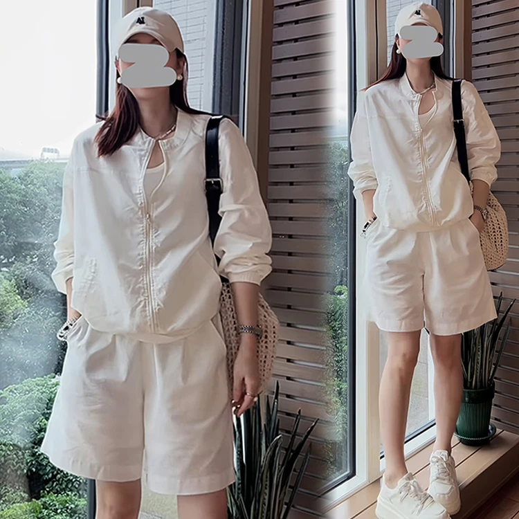 法式百搭休闲套装女2025年夏季新款气质长袖外套防晒衫短裤两件套