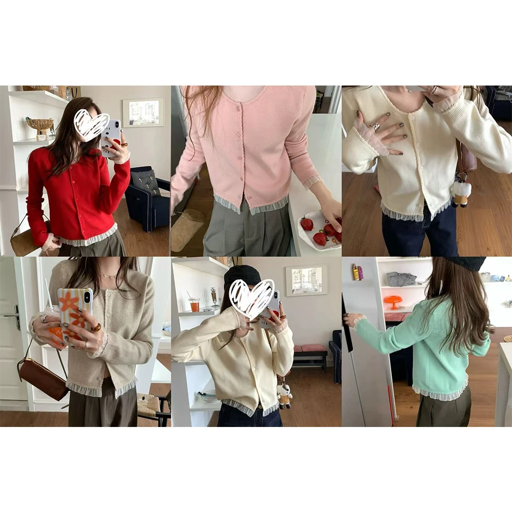 【日光圆舞曲】早秋圆领蕾丝假两件拼接针织开衫22093#