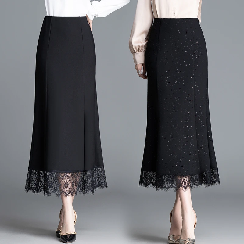 春夏西装半身裙新款高腰拼接蕾丝A字裙一步中长款显瘦直筒裙子