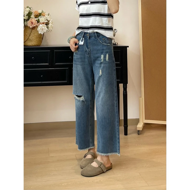 梦茹萱高腰直筒破洞牛仔裤女胖mm显瘦夏季轻薄款小个子阔腿直筒裤
