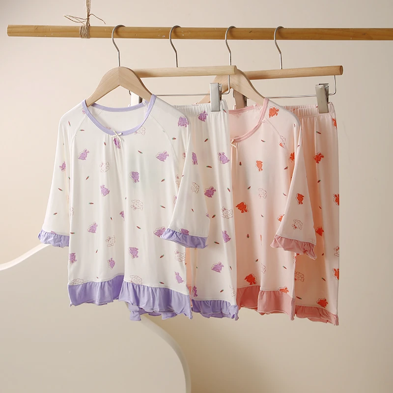 春夏季儿童满印小兔卡通中大童圆领家居服套装   5117