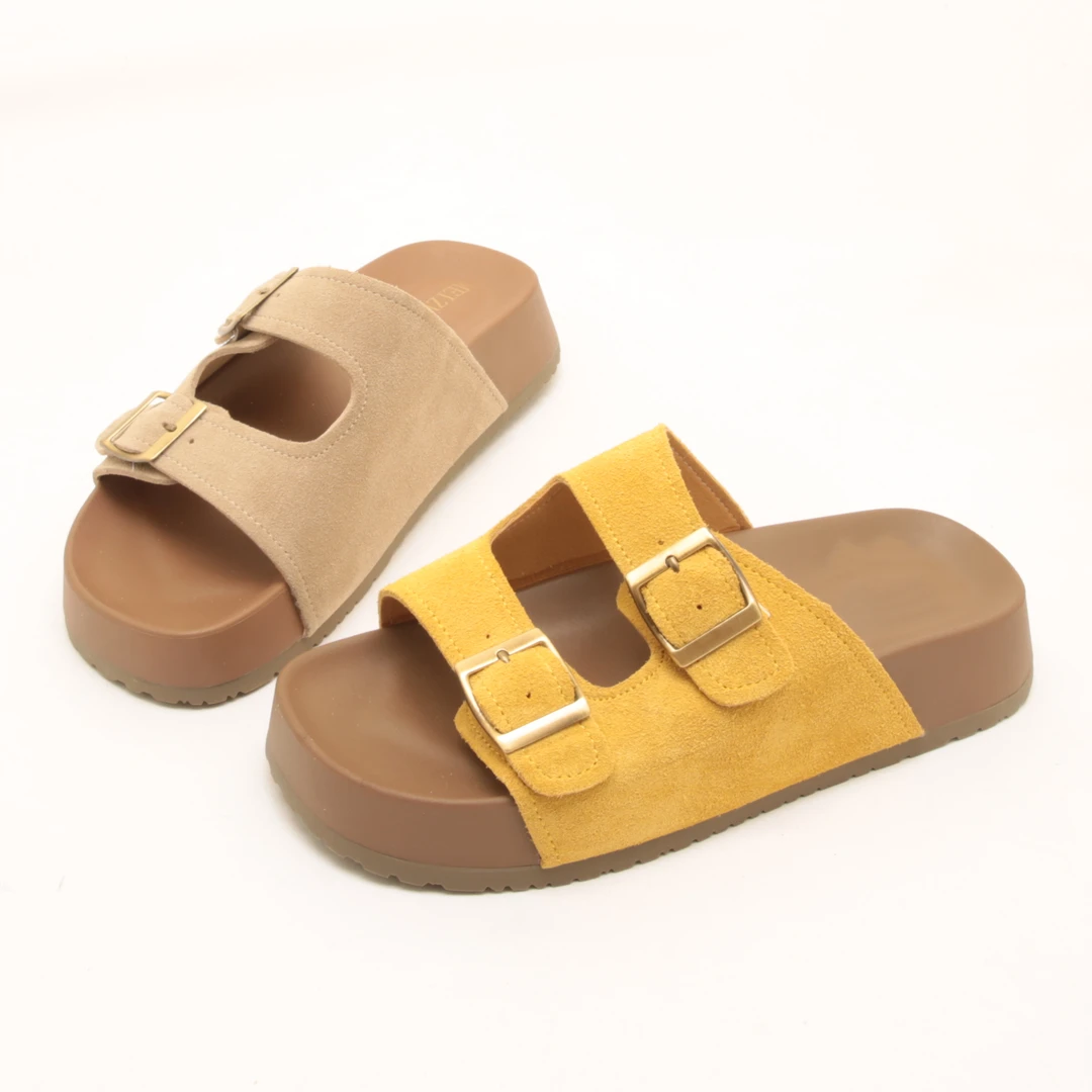 6881夏季新款复古真皮勃肯风一字拖鞋女轻便厚底松糕沙滩鞋凉拖