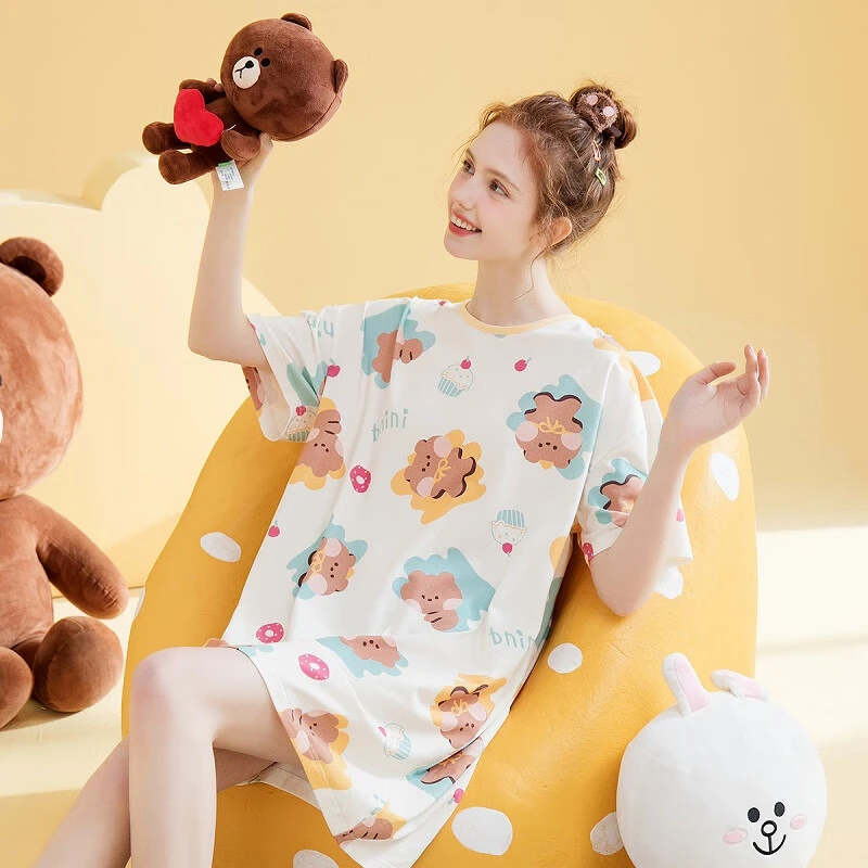 芬腾睡裙女士纯棉【布朗熊IP】夏季薄款服帖圆领柔软短袖家居服