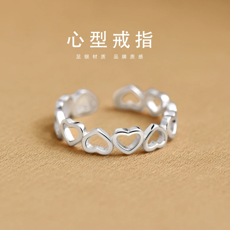 罗泰老银匠 足银戒指 990纯银爱心戒指女款时尚小众设计开口指环