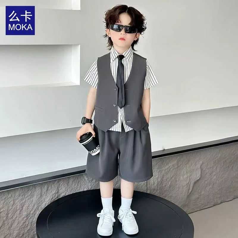 戴维【商场同款】高级感男童礼服西装套装夏季儿童主持服装男孩休闲