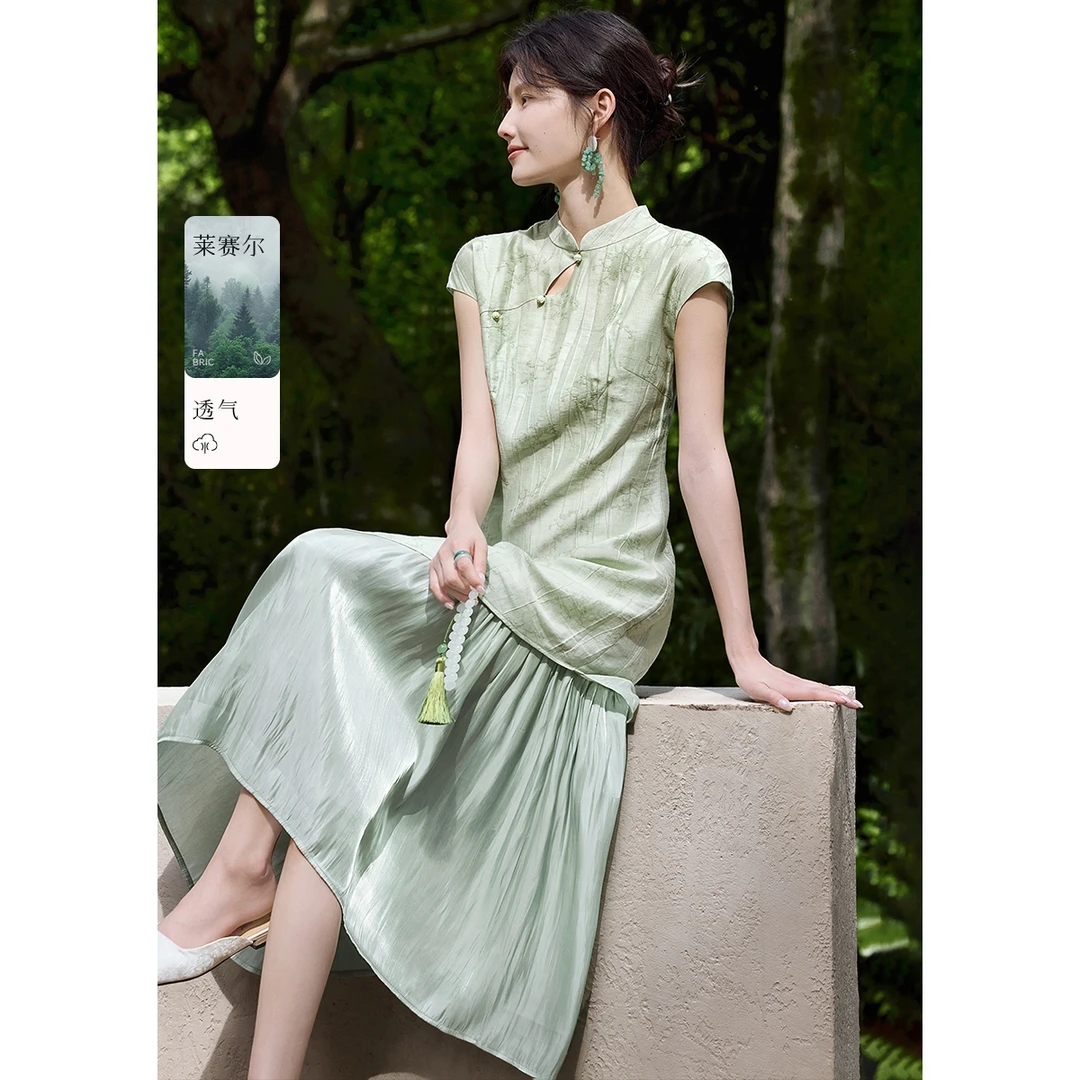 XWI/欣未【优雅艺术感古韵收腰肌理印花连衣裙】2025夏旗袍4187