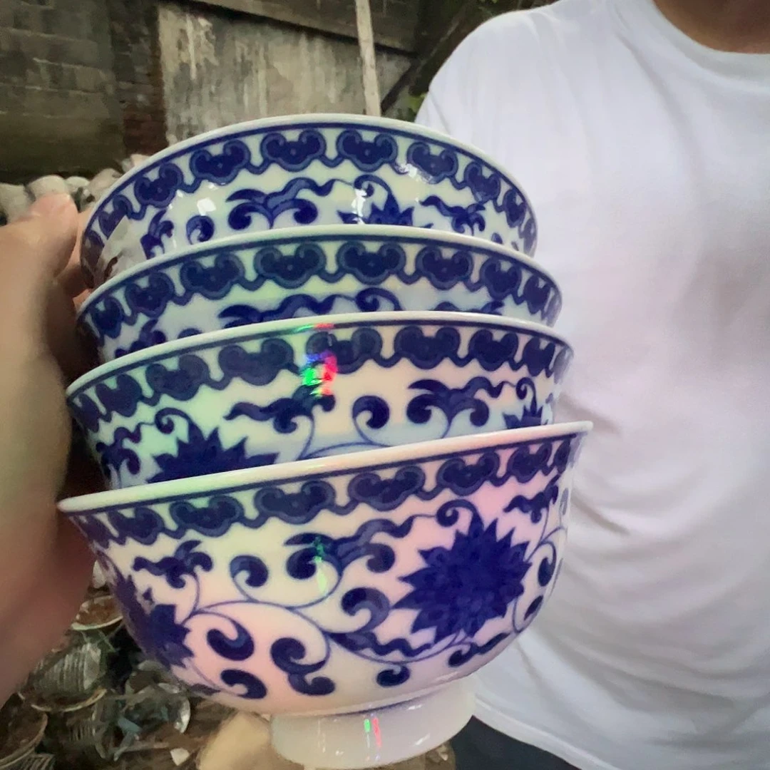 瓷片景德镇陶瓷青花缠枝莲面碗4只