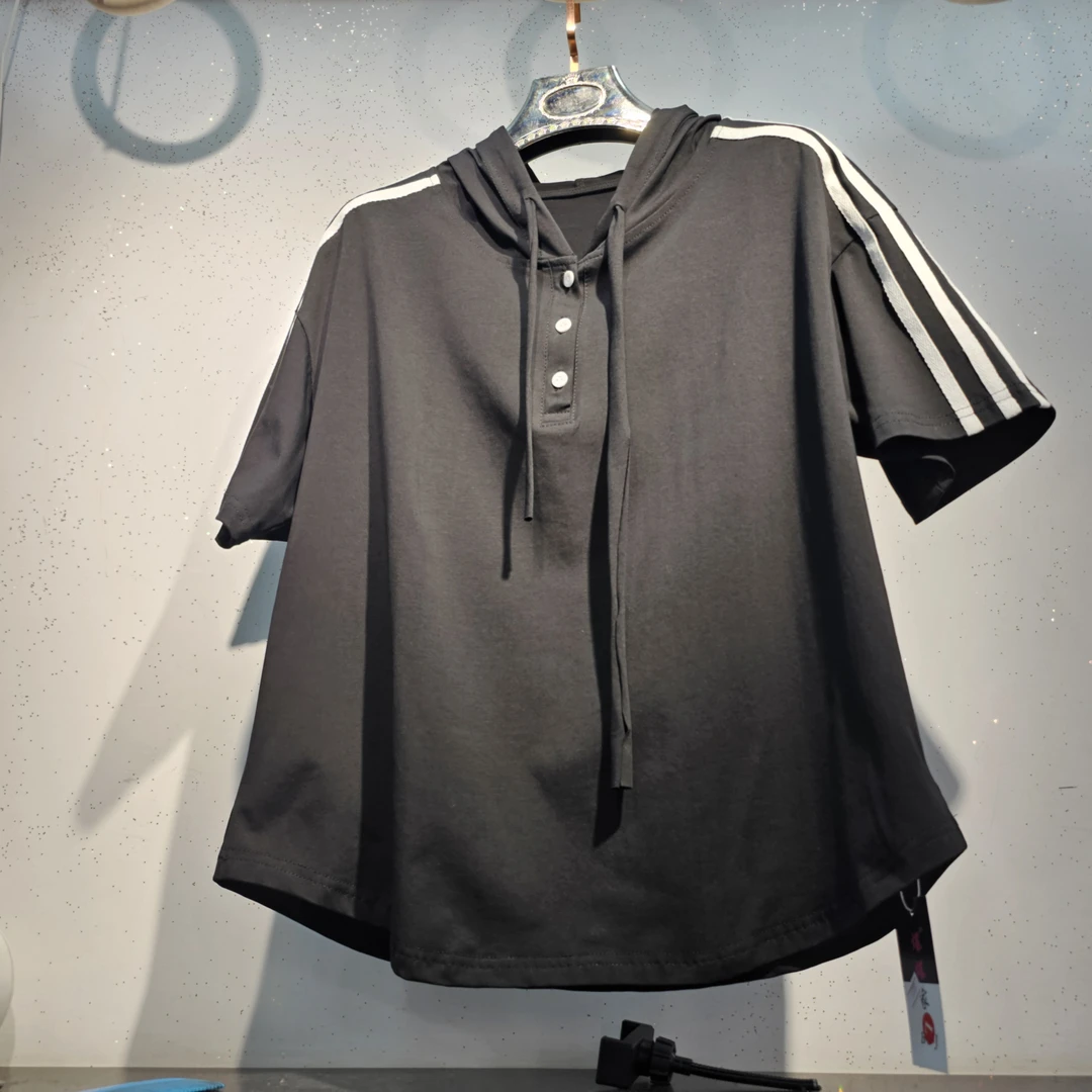 夏季显瘦韩版撞色条纹拼接连帽个性百搭遮肉t恤8835